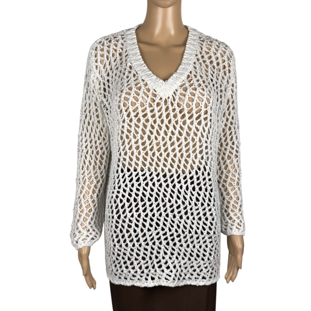 Lauren Vidal V-Neck Open Knit White Long Sleeve Sweater Size XL